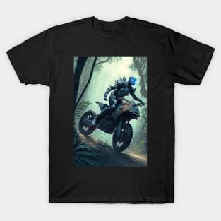 Alien riding a dirt bike in the jungle T-Shirt